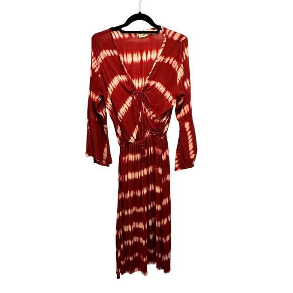 Maroon, Ivory Long Flowing Dress with Plunging Neckline, Tie Front and Belt - Picture 1 of 9